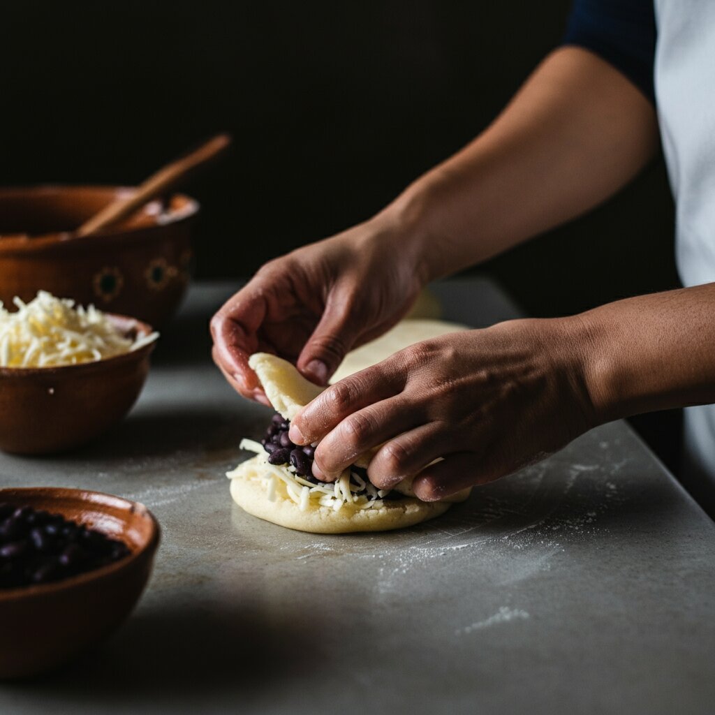 Hands shaping an arepa beside a bowl of black beans.