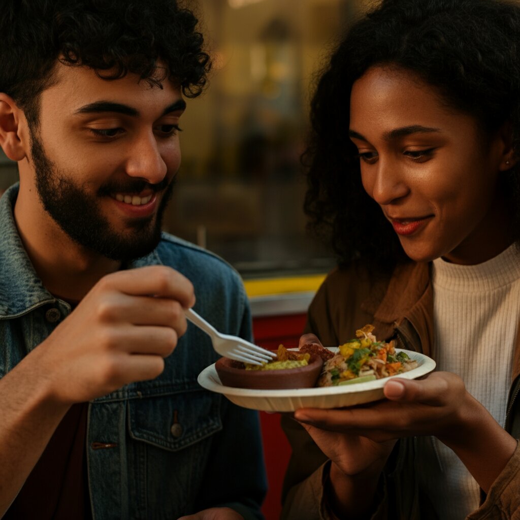 A couple sharing a plate of food together.