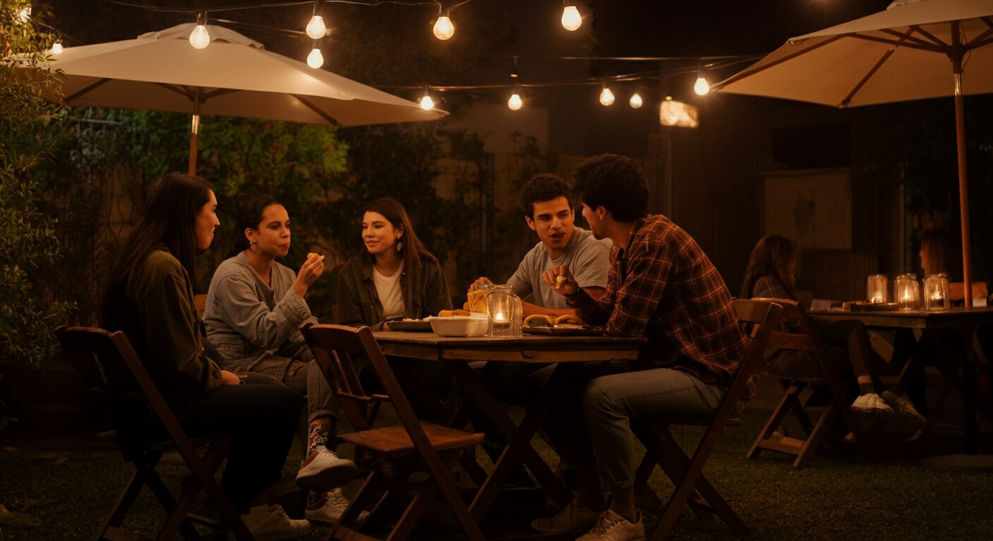 Friends dining outdoors in the evening under string lights and umbrellas.