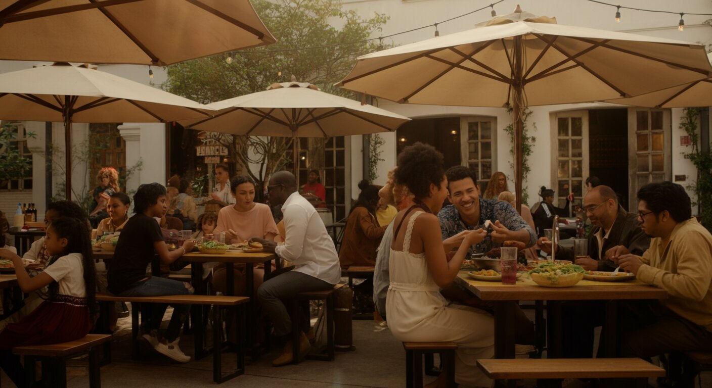 Guests dining under umbrellas on Ukelele's patio during the day.