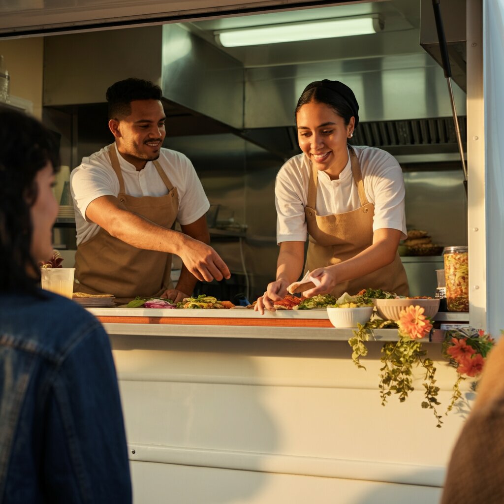 Two Ukelele cooks smiling as they prepare food at the truck window.
